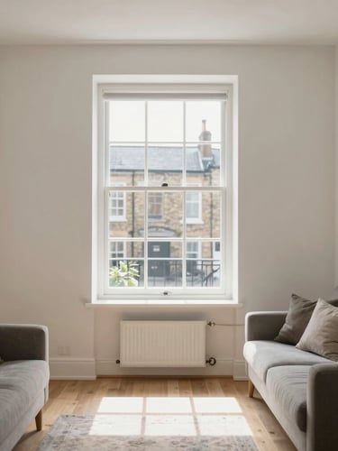 A bright, clean interior of a modern UK terraced home, showing a minimalist living space with soft natural light streaming through a sash window.