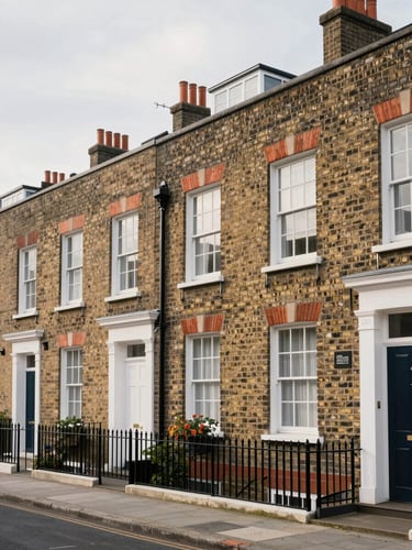 Architectural shot of clean, traditional brick terraced houses in a quiet London neighborhood under soft, natural overcast daylight.
