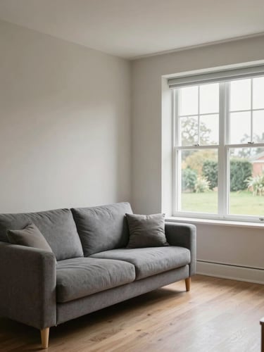 A bright, clean residential living room interior with neutral walls, a grey sofa, and a large window showing natural overcast British daylight.