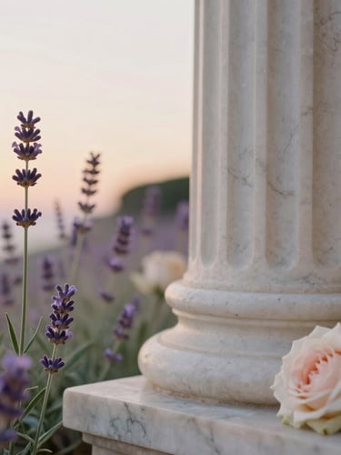 Soft-focus close-up of wild lavender flowers and pale roses next to a cold mineral marble column, warm Mediterranean sunset light, 35mm photography