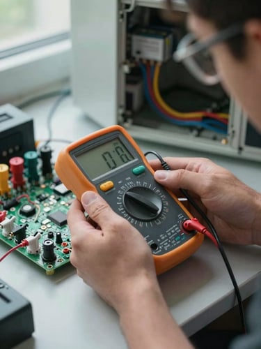 Close-up of a technician's hands holding a digital multimeter against an open appliance control board, natural diffused daylight from a nearby window, organized wiring visible in the background, steel-grey tones