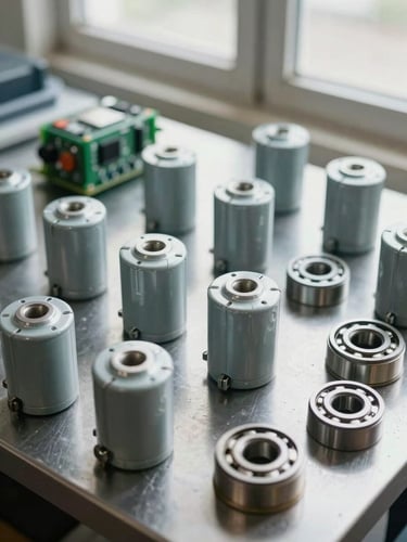 Close-up overhead shot of genuine OEM appliance spare parts — motor capacitors, a control board, and a sealed bearing — arranged in organized rows on a steel-grey workshop surface under natural window light, no hands visible, clean and precise