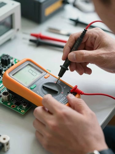 Close-up of technician hands placing a calibrated multimeter probe against an appliance circuit board interior, natural overcast daylight, organized tools visible in shallow background, no flash