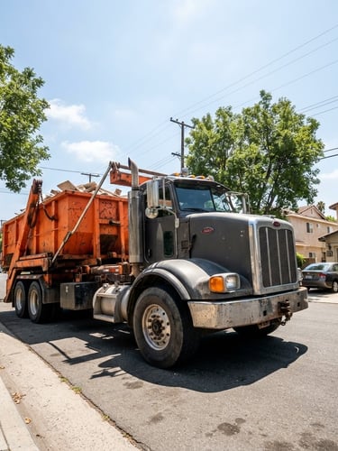 Heavy-duty roll-off dumpster truck on a residential street in La Mirada, bright midday sun, low angle, crisp industrial photography, orange and charcoal tones, sharp focus, wide-angle lens.