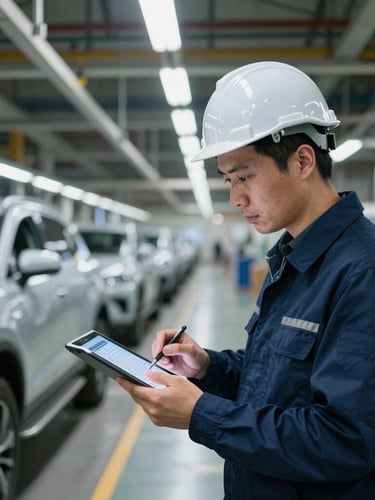 Industrial engineer with a tablet analyzing an automotive assembly line layout, high-contrast technical lighting, 35mm
