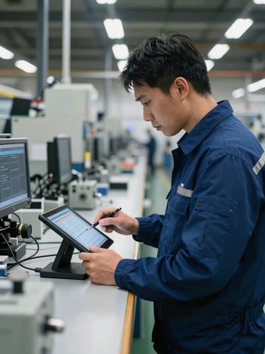 Industrial engineer in a manufacturing plant analyzing assembly line workstation ergonomics with a digital tablet, authentic factory lighting, high-contrast technical tones