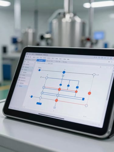 Close-up of an industrial tablet showing flowcharts and line balancing software interface inside a clean modern factory environment, 35mm