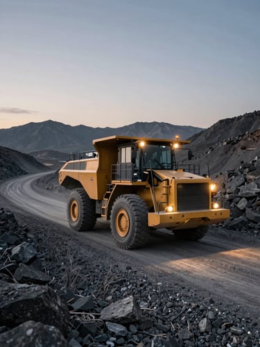 Wide ground-level shot of a mining haul road at dusk, a heavy loader navigating a dusty gravel track through rocky terrain, tungsten site lights beginning to illuminate the cab, low horizon showing the scale of the operation, ore-grey mountains in the distance