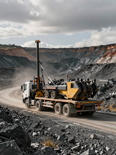 Wide environmental shot of mining site logistics in progress — a flatbed truck loaded with drilling equipment on a gravel access road, overcast Andean sky, dust-filtered afternoon light, no people in foreground, scale conveyed by the ore terraces behind