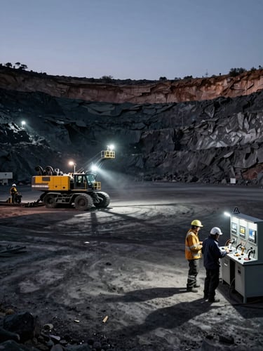 Wide shot from ground level inside an open-pit Argentine mine at dusk, heavy equipment in the mid-ground casting long shadows, workers in full PPE at the right edge checking instrumentation panels, dust-filtered tungsten site lights beginning to activate, horizon dominated by dark ore-face rock