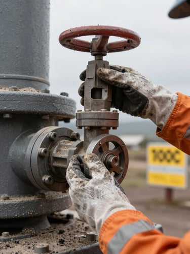 Close-up of gloved hands adjusting a valve on heavy mining machinery under overcast Andean sky, dust settled on metal surfaces, safety signage partially visible in the background, flat documentary lighting with no studio softening