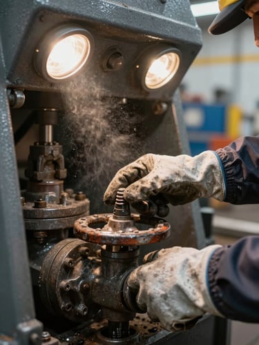 Close-up ground-level view of a worker's gloved hands adjusting a valve on heavy mining equipment, tungsten site lights illuminating worn metal surfaces, dust particles visible in the beam, no face visible