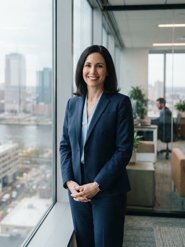 A professional attorney in a navy suit standing in a modern Newark office near a window with soft natural light, editorial portrait