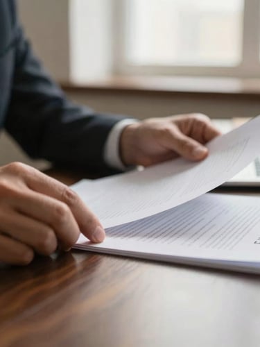 Close-up of a legal document on a dark wood desk, hands of an attorney reviewing papers under warm, soft window light, shallow depth of field