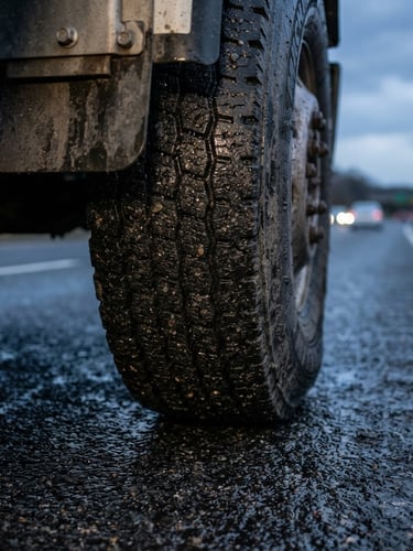 Close-up of a commercial truck tire on wet New Jersey highway asphalt at dusk, sharp focus, professional editorial photography, muted tones.