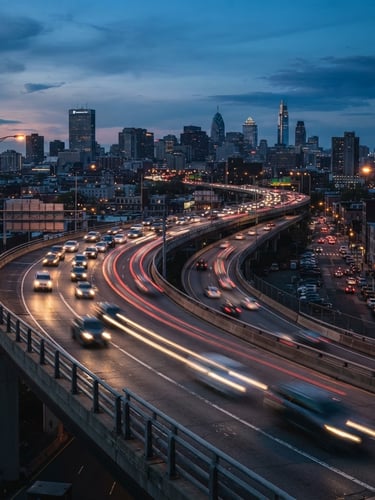 A professional environmental shot of Newark roadways at dusk, soft motion blur of headlights, atmospheric streetlights, 50mm lens, professional editorial photography