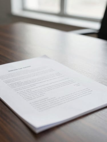 Close up of legal documents on a dark wood desk, soft window light, professional legal setting, sharp focus