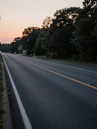 A quiet New Jersey roadway at dusk, soft cinematic lighting, empty asphalt with clean lane markings, professional editorial style