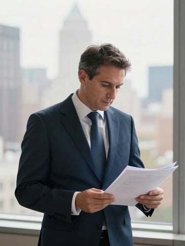 A professional Newark attorney in a tailored navy suit reviewing case files by a large window overlooking the city, editorial photography, soft natural light.