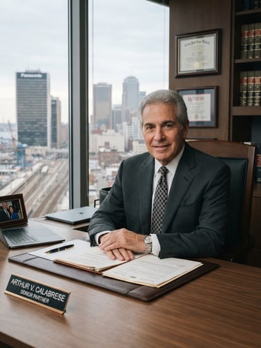 Medium environmental portrait of a senior attorney in a high-rise Newark office, soft natural window light, muted corporate tones, sharp focus, 50mm lens