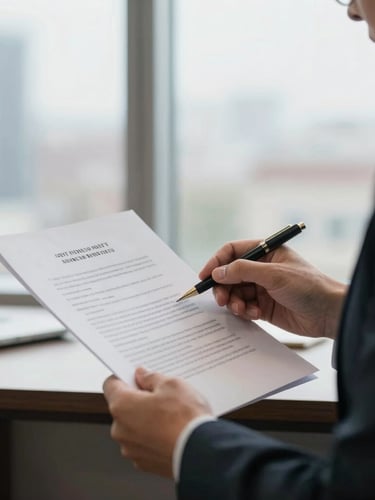 Close-up of an attorney reviewing legal documents in a Newark office, soft natural window light, muted corporate tones