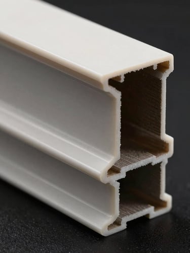 Orthographic close-up of a structural PVC profile cross-section, showing precise wall thickness and sharp geometric edges under high-contrast studio lighting.