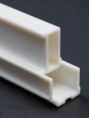 Orthographic macro shot of structural PVC profile cross-sections showing precise wall thickness, high-contrast studio lighting, sharp shadows, deep slate background.