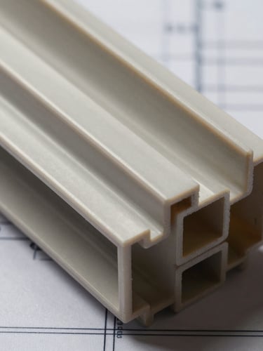 Orthographic top-down macro photograph of heavy-duty PVC structural profiles, showing thick walls and precise geometric cross-sections, blueprint lines in background, high-contrast studio lighting.
