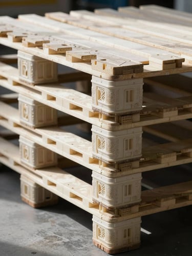 Strict profile view of clean warehouse pallets with organized structural PVC extrusions, sharp geometric shadows, high-contrast industrial studio lighting.