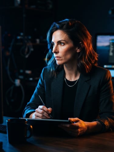 Dramatic low-key portrait of a modern creative director in a dark studio, electric blue and orange rim lighting, sharp focus, 35mm lens