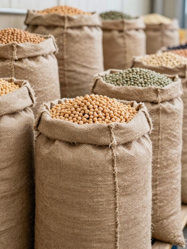 A towering vertical stack of clean burlap sacks filled with dry chickpeas and lentils, sharp focus on grain texture, bright natural warehouse lighting, high-contrast