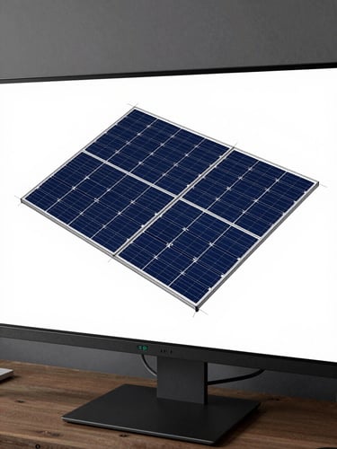 Wide overhead view of a solar CAD drawing on a large monitor in a clean studio workspace, precise vector lines showing rooftop PV layout, even north-facing daylight, no people, technical and minimal