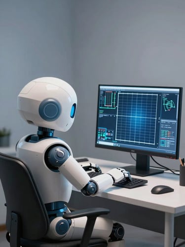 Friendly futuristic robot mascot seated at a clean drafting desk, reviewing solar CAD layouts on a glowing monitor, soft blue-gray ambient studio light, rounded geometric form, approachable and precise, warm off-white and deep slate tones, minimal background