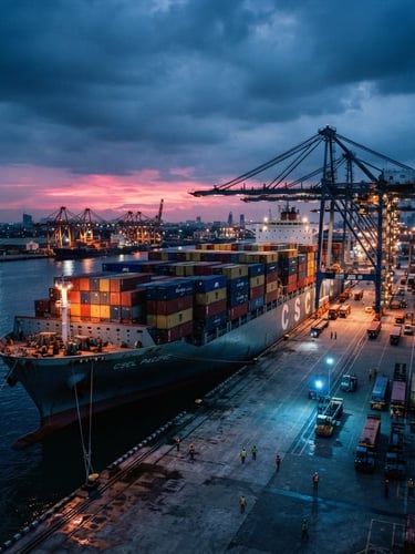 Wide-angle dramatic 35mm photograph of a massive container vessel docked at Jakarta port under overcast twilight, strong industrial high-contrast lighting with deep blue and magenta hues.