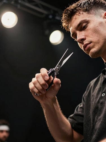 Dynamic low-angle shot of a professional barber presenting on stage under warm spotlights, holding steel clippers with intense focus, dark atmospheric background.