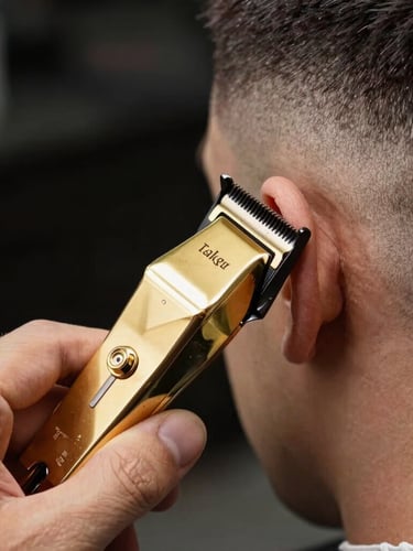 Macro close-up of a barber's hands holding professional gold clippers, cutting a crisp bald fade under sharp studio lighting