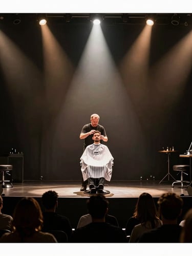 Low-angle dramatic shot of a master barber presenting on the main stage under a warm spotlight, silhouette of crowd in foreground.