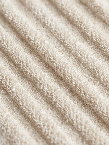 Extreme close-up of hotel towel weave structure filling the full frame—tight overhead shot of cotton terry loops arranged in precise rows, diffused north-facing studio light raking across the texture to reveal thread depth and loop density, ivory and warm white tones, no background visible, fabric grain dominant