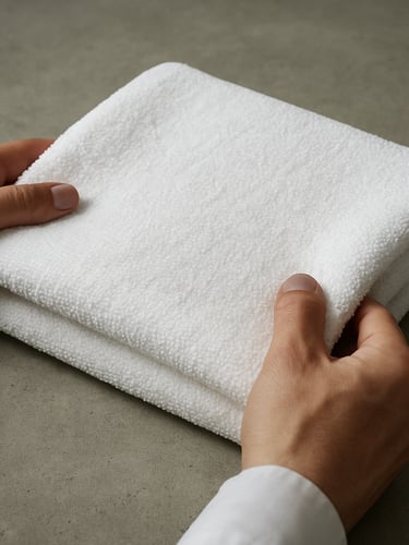 Extreme close-up of a quality control technician's hands holding a folded white hotel towel against an inspection table under diffused studio strobe light, fabric weave and thread count clearly visible, grey concrete surface beneath, no faces, no branding