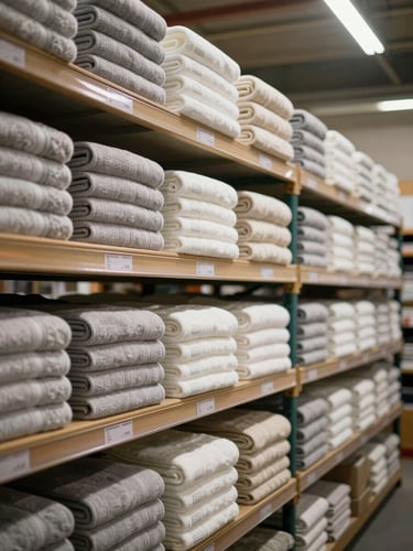 Wide environmental shot inside a textile warehouse, stacks of neatly folded hotel towels arranged on shelving with visible labeling tags, warm tungsten ambient light from overhead fixtures, organised inventory context with clear depth of field showing multiple shelf rows receding into background