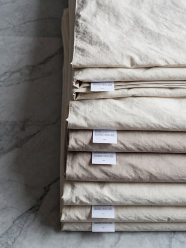 Overhead flat-lay framing, wide, hotel bed linens folded in precise stacks on a cool marble surface — visible woven texture and printed specification labels face up, the stack occupying the right two-thirds of the frame. Diffused north-light studio illumination picks out the weave structure with crisp shadow lines. Ivory and pale taupe fabric tones against grey-veined marble. No people, no styling props.