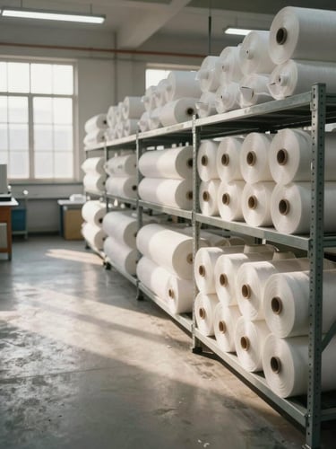 Wide-frame documentary view of a textile factory floor, rolls of white cotton fabric stacked on industrial shelving to the right third, diffused daylight through large industrial windows, warm tungsten overhead casting soft shadows on finished goods inventory, no people, clean and ordered
