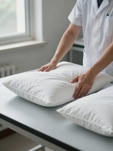 Waist-to-hand shot of a quality inspector pressing a pillow on a clean inspection table to test firmness, diffused daylight from a large window at left. Two pillow variants side by side — one hotel-grade, one firmer medical-grade. Clinical and factual framing. No faces visible, no branding props.