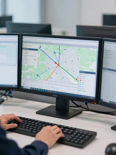 Medium close-up of a professional BTI2 LLC dispatcher at a modern workstation, focused on a multi-monitor route planning screen, cool-toned office interior lighting, sharp focus.