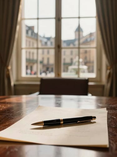 Elegant interior of a private family office boardroom, sunlit window overlooking a historic European city, a fountain pen resting on heavy archival paper, shallow depth of field, warm tones