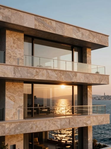 Architectural close-up of a modern luxury stone and glass villa on the Istanbul waterfront, golden-hour window light reflecting off the sea, 35mm