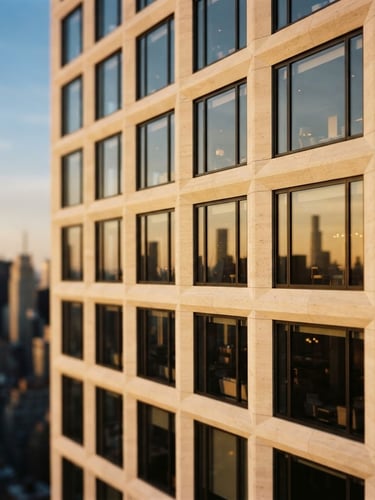Architectural close-up of a modern limestone and glass skyscraper in Manhattan, warm golden-hour light reflecting off the facade, 35mm, shallow depth of field