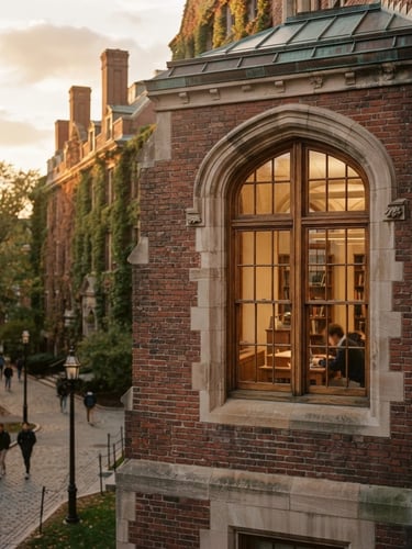 Warm editorial photography of a historic brick university campus in Boston, golden-hour window light, rich desaturated tones, architectural scale, shallow depth of field, 35mm