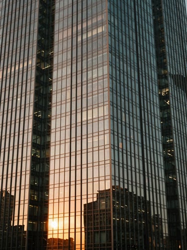 Abstract architectural detail of a towering glass skyscraper in Istanbul's financial district, warm sunset light casting long shadows, 35mm