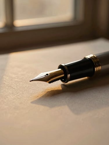 Tight macro detail of a fountain pen resting on heavy textured paper, warm golden-hour window light, shallow depth of field.